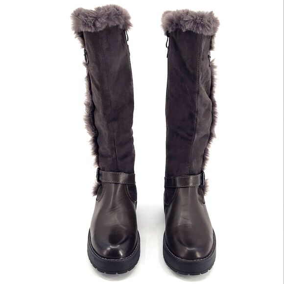New Wanted Platform Knee High Boots Brown Faux Leather & Fur Buckle Detail 7.5 - Picture 4 of 11